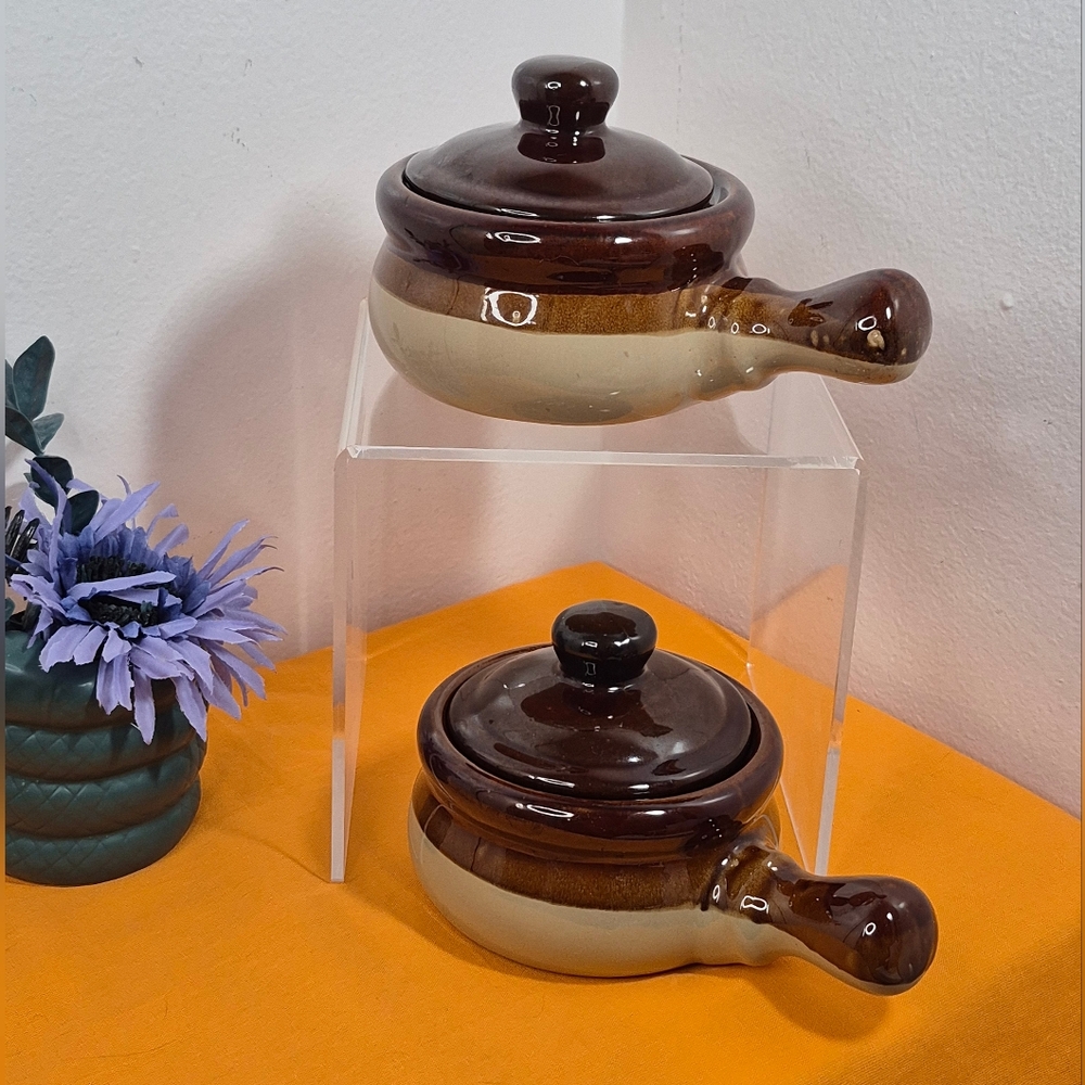 Set of 2 Vintage Lidded Handled Soup Crocks/ Bowls Brown Glazed